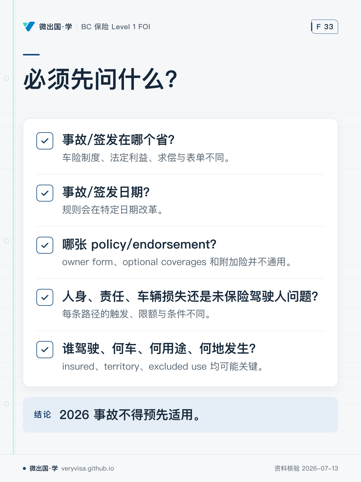 必须先问什么？；事故/签发在哪个省？；事故/签发日期？；哪张 policy/endorsement？；人身、责任、车辆损失还是未保险驾驶人问题？；谁驾驶、何车、何用途、何地发生？；2026 事故不得预先适用。
