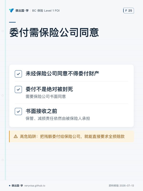 委付需保险公司同意；未经保险公司同意不得委付财产；委付不是绝对被封死；书面接收之前；高危陷阱：把残骸委付给保险公司，就能直接要求全损赔款
