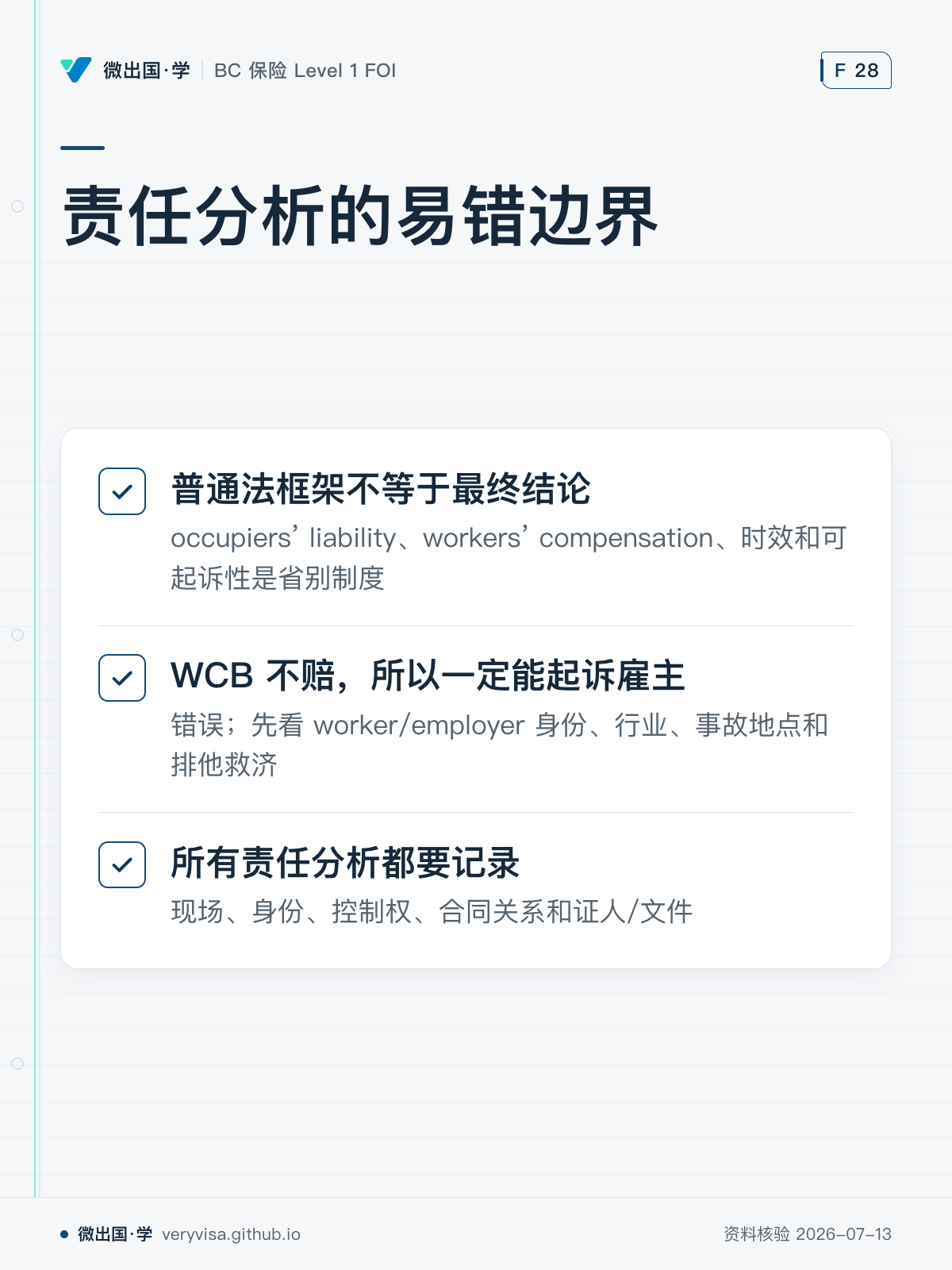 责任分析的易错边界；普通法框架不等于最终结论；WCB 不赔，所以一定能起诉雇主；所有责任分析都要记录