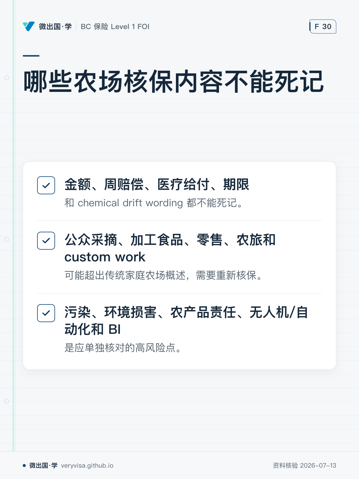 哪些农场核保内容不能死记；金额、周赔偿、医疗给付、期限；公众采摘、加工食品、零售、农旅和 custom work；污染、环境损害、农产品责任、无人机/自动化和 BI