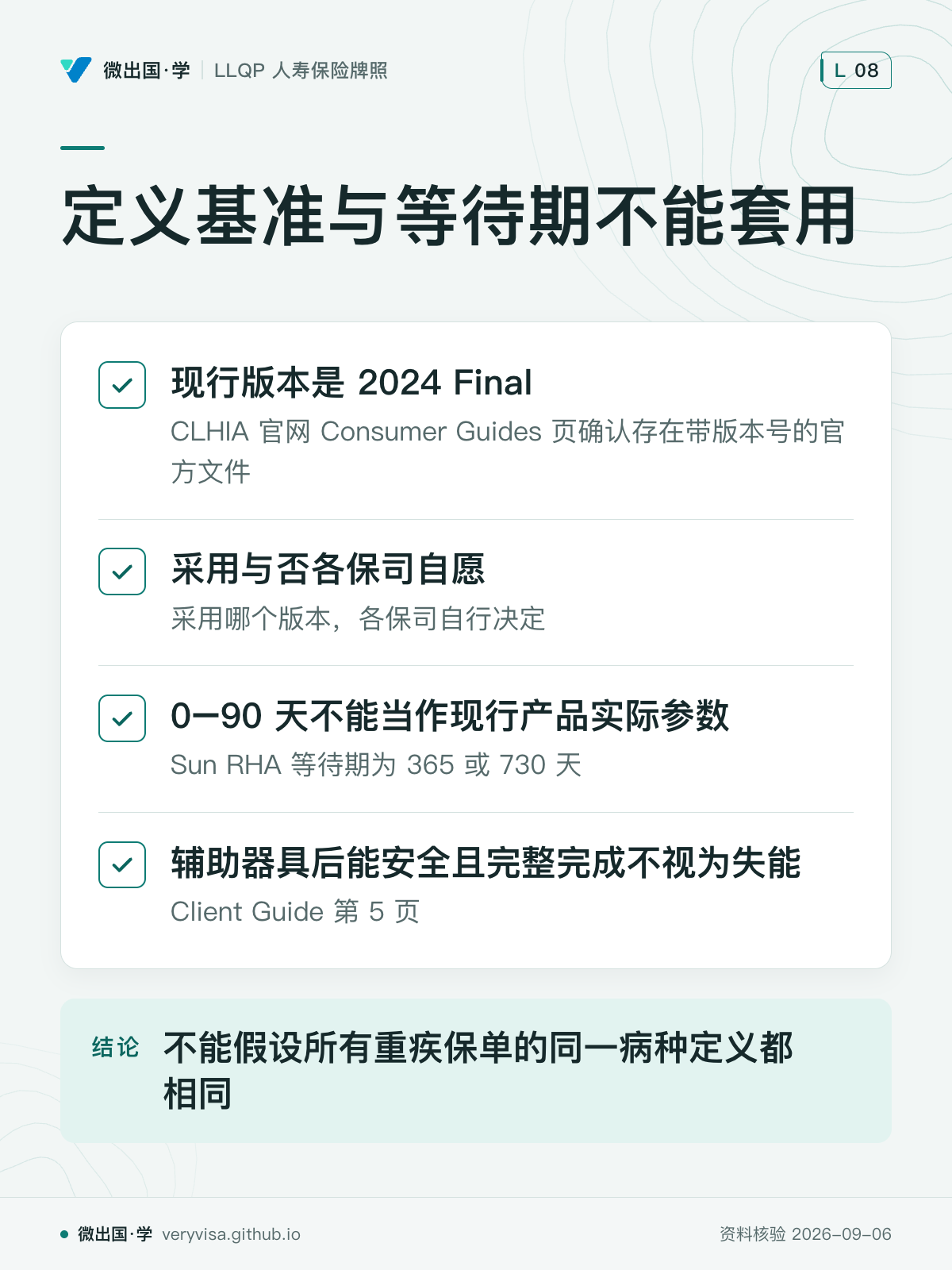 定义基准与等待期不能套用；现行版本是 2024 Final；采用与否各保司自愿；0–90 天不能当作现行产品实际参数；辅助器具后能安全且完整完成不视为失能；不能假设所有重疾保单的同一病种定义都相同