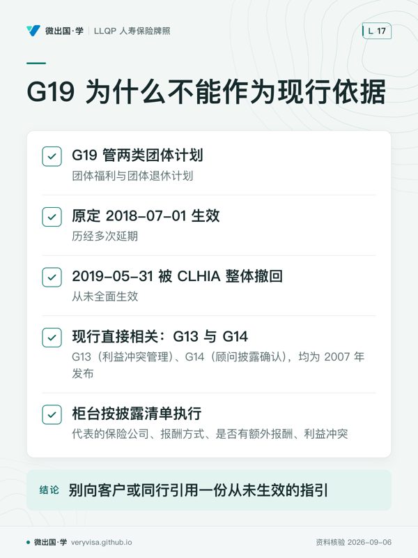 G19 为什么不能作为现行依据；G19 管两类团体计划；原定 2018-07-01 生效；2019-05-31 被 CLHIA 整体撤回；现行直接相关：G13 与 G14；柜台按披露清单执行；别向客户或同行引用一份从未生效的指引