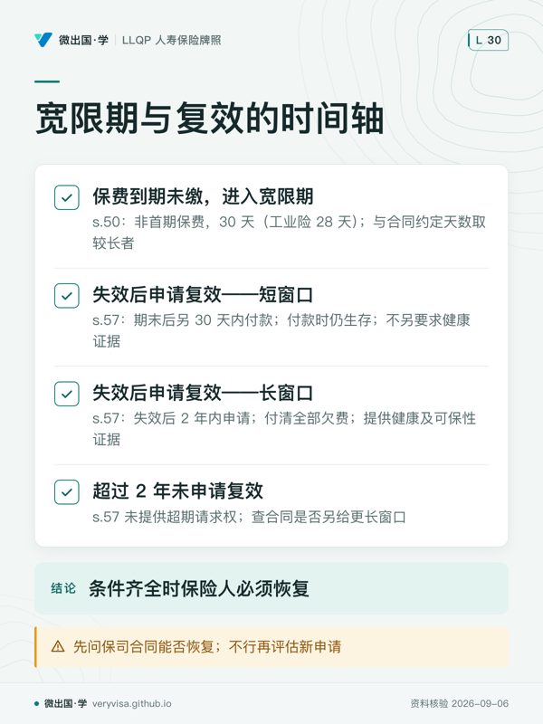 宽限期与复效的时间轴；保费到期未缴，进入宽限期；失效后申请复效——短窗口；失效后申请复效——长窗口；超过 2 年未申请复效；条件齐全时保险人必须恢复；先问保司合同能否恢复；不行再评估新申请