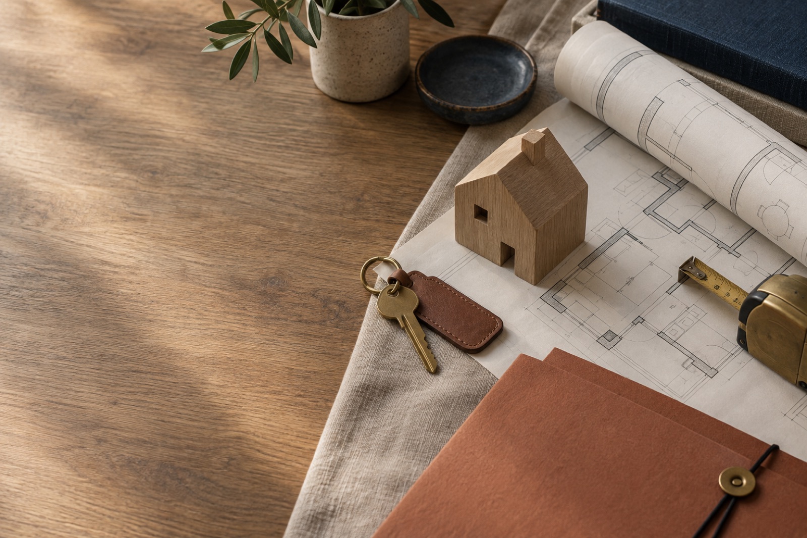 BC 地产牌照(Trading Services) 备考站封面:书桌上的资料、索引卡与木屋模型