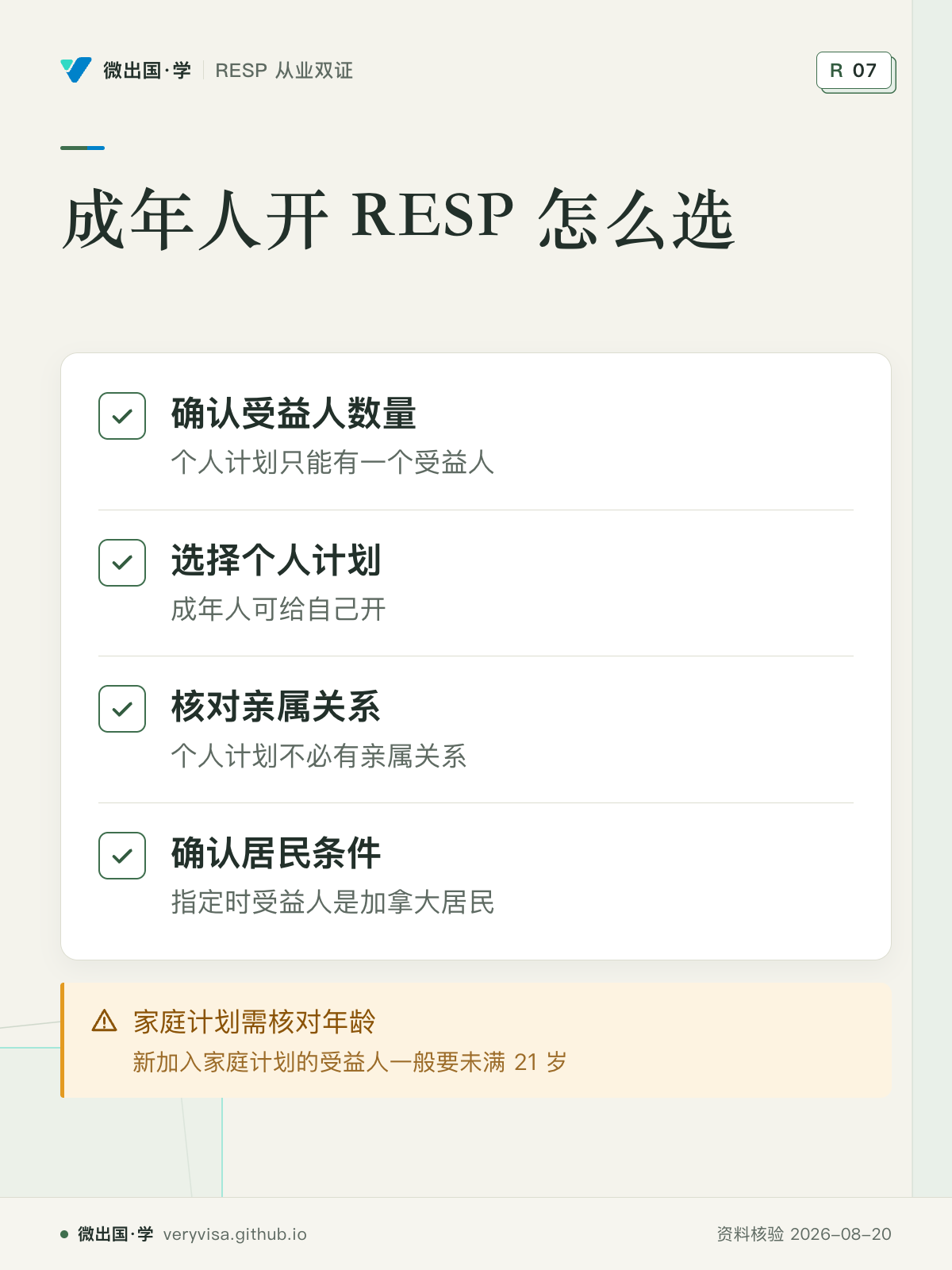 成年人开 RESP 怎么选；确认受益人数量；选择个人计划；核对亲属关系；确认居民条件；家庭计划需核对年龄