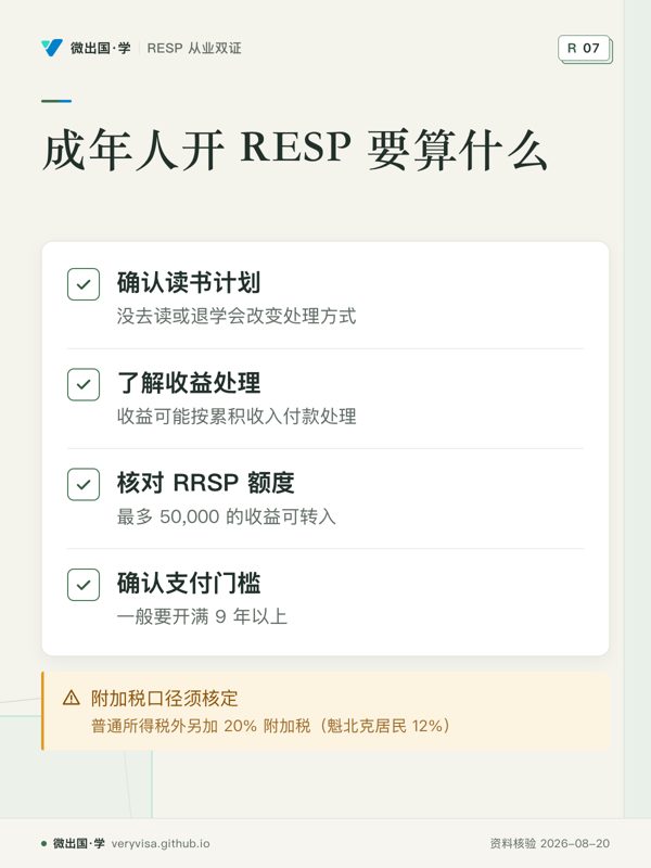 成年人开 RESP 要算什么；确认读书计划；了解收益处理；核对 RRSP 额度；确认支付门槛；附加税口径须核定