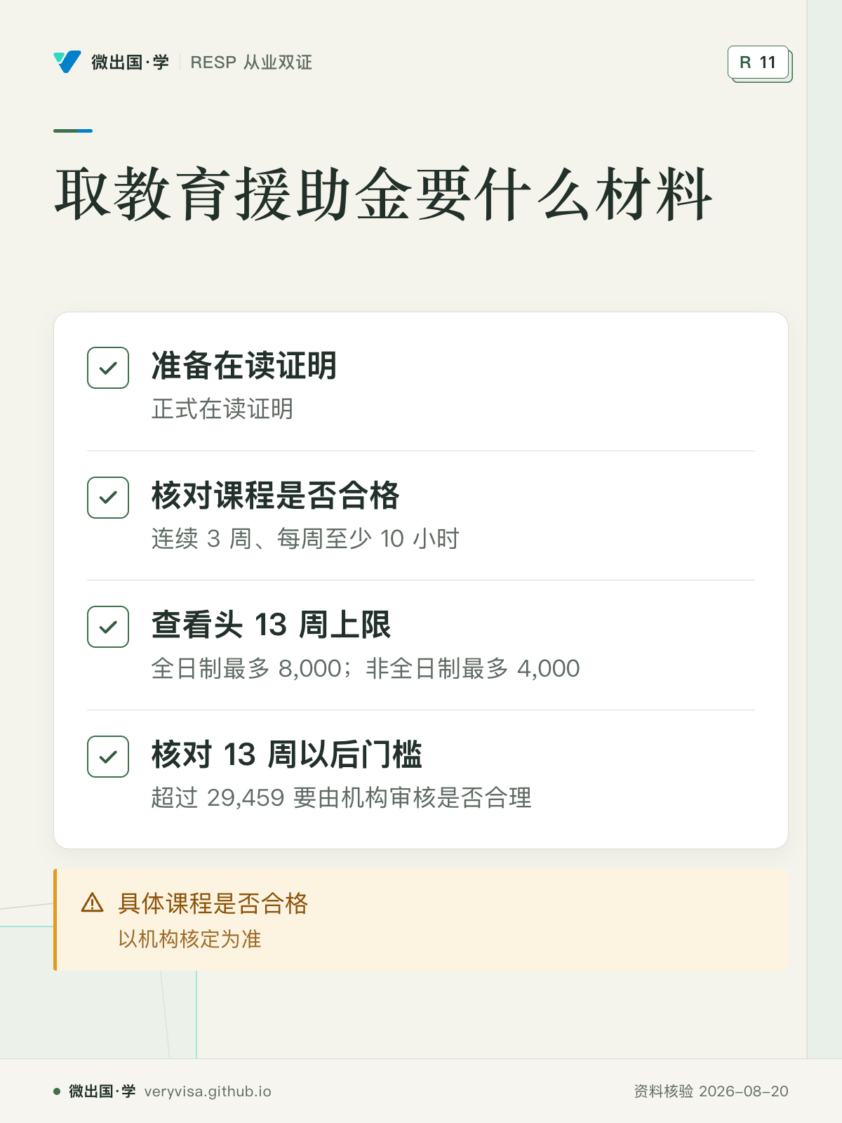取教育援助金要什么材料；准备在读证明；核对课程是否合格；查看头 13 周上限；核对 13 周以后门槛；具体课程是否合格