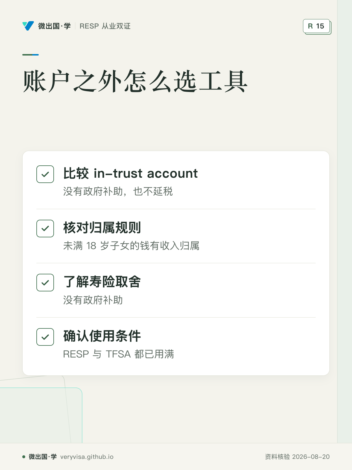账户之外怎么选工具；比较 in-trust account；核对归属规则；了解寿险取舍；确认使用条件