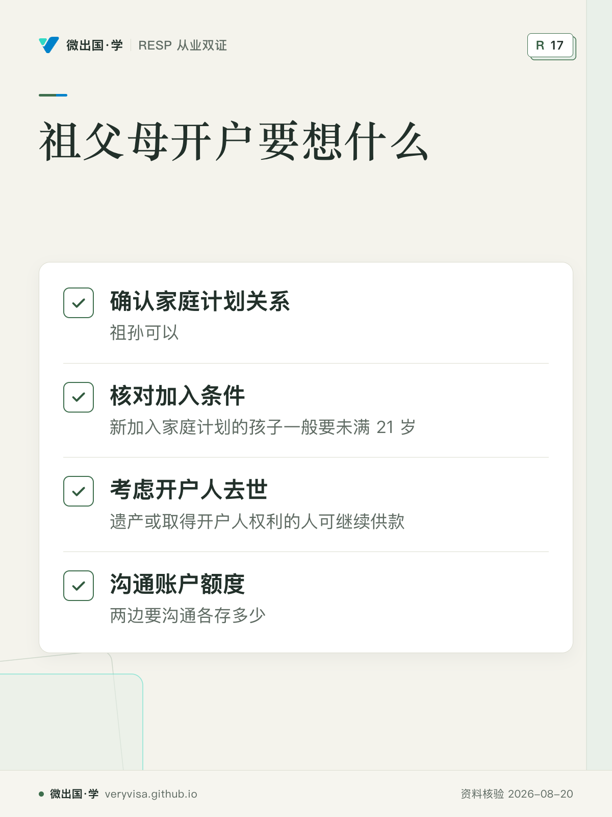 祖父母开户要想什么；确认家庭计划关系；核对加入条件；考虑开户人去世；沟通账户额度