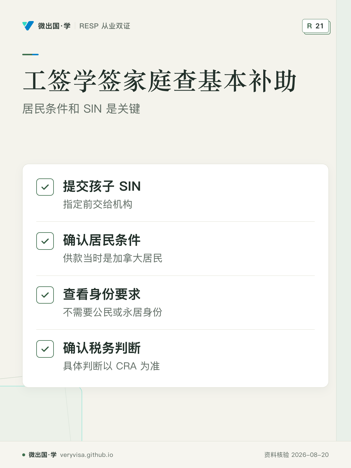 工签学签家庭查基本补助；居民条件和 SIN 是关键；提交孩子 SIN；确认居民条件；查看身份要求；确认税务判断
