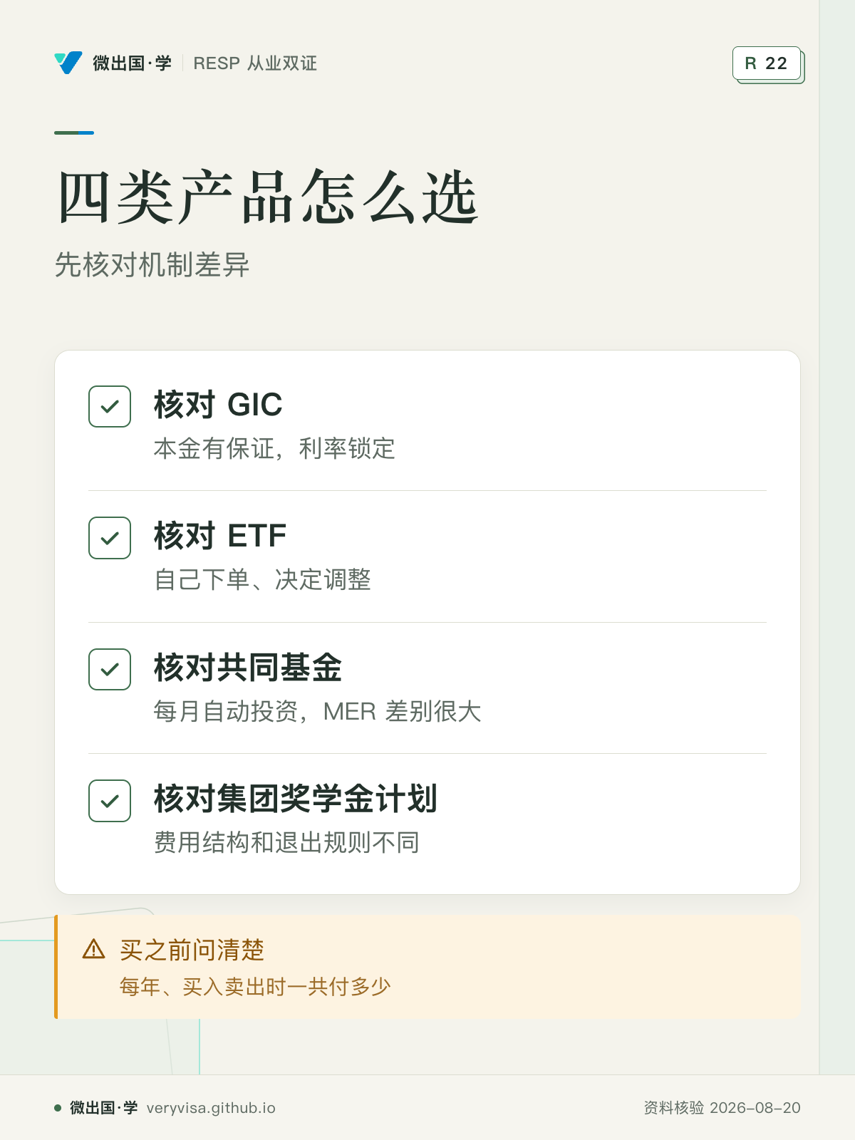 四类产品怎么选；先核对机制差异；核对 GIC；核对 ETF；核对共同基金；核对集团奖学金计划；买之前问清楚