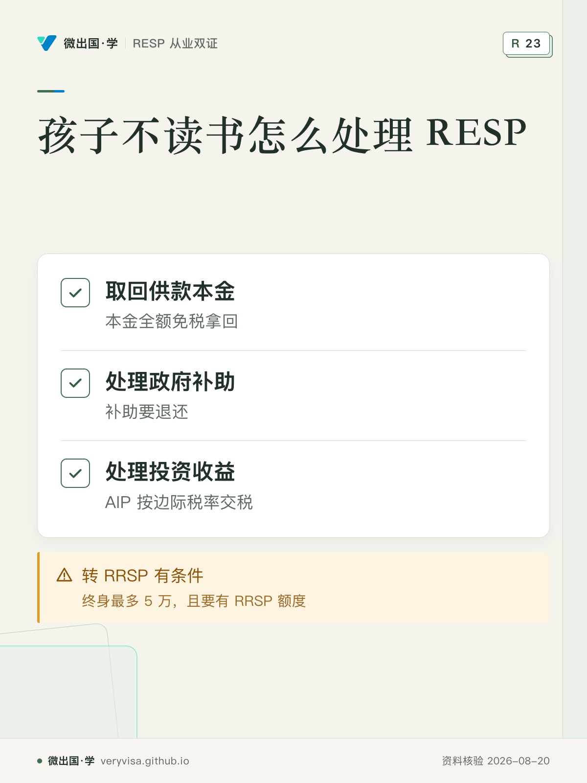 孩子不读书怎么处理 RESP；取回供款本金；处理政府补助；处理投资收益；转 RRSP 有条件