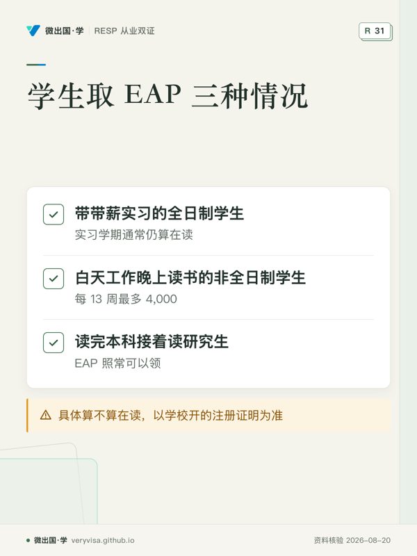 学生取 EAP 三种情况；带带薪实习的全日制学生；白天工作晚上读书的非全日制学生；读完本科接着读研究生；具体算不算在读，以学校开的注册证明为准
