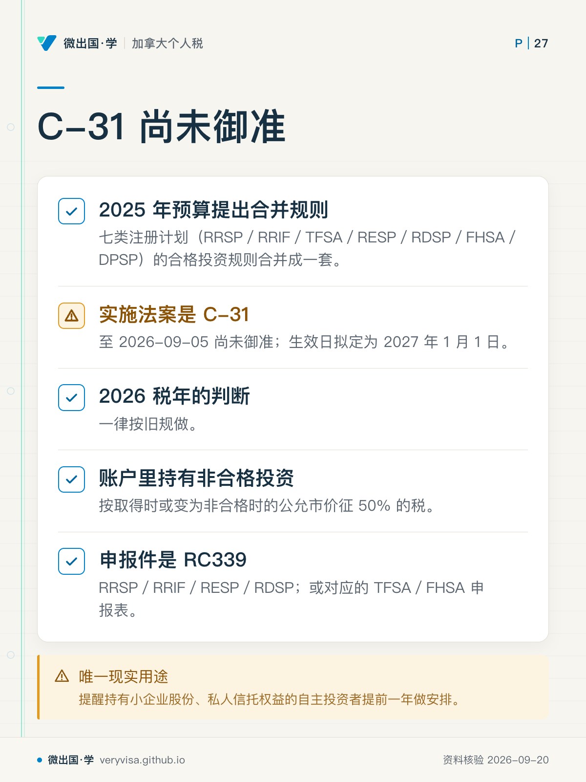 C-31 尚未御准；2025 年预算提出合并规则；实施法案是 C-31；2026 税年的判断；账户里持有非合格投资；申报件是 RC339；唯一现实用途
