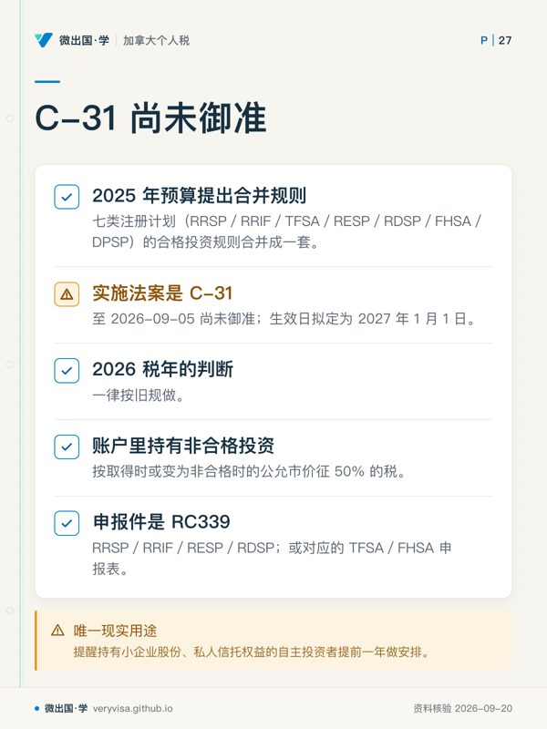 C-31 尚未御准；2025 年预算提出合并规则；实施法案是 C-31；2026 税年的判断；账户里持有非合格投资；申报件是 RC339；唯一现实用途