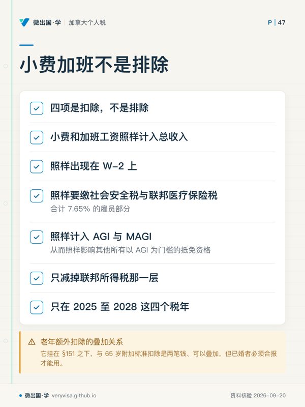 小费加班不是排除；四项是扣除，不是排除；小费和加班工资照样计入总收入；照样出现在 W-2 上；照样要缴社会安全税与联邦医疗保险税；照样计入 AGI 与 MAGI；只减掉联邦所得税那一层；只在 2025 至 2028 这四个税年；老年额外扣除的叠加关系