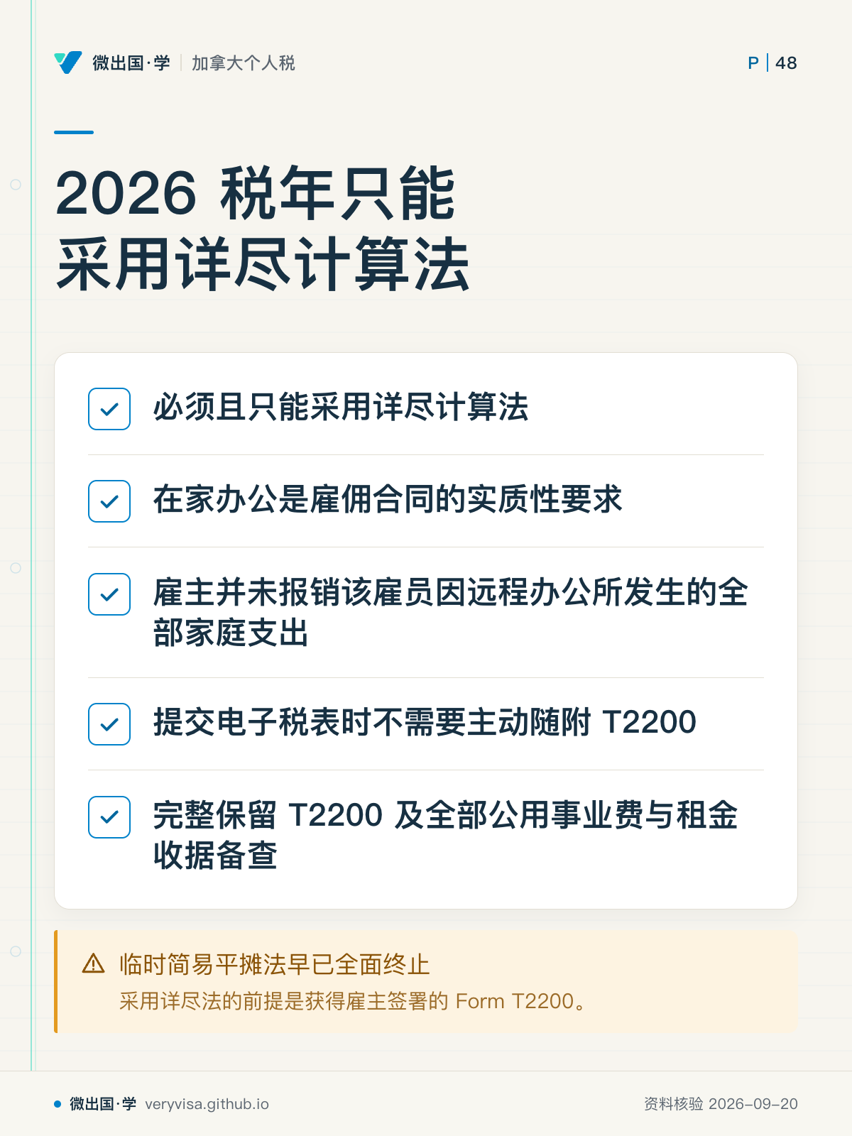 2026 税年只能采用详尽计算法；必须且只能采用详尽计算法；在家办公是雇佣合同的实质性要求；雇主并未报销该雇员因远程办公所发生的全部家庭支出；提交电子税表时不需要主动随附 T2200；完整保留 T2200 及全部公用事业费与租金收据备查；临时简易平摊法早已全面终止