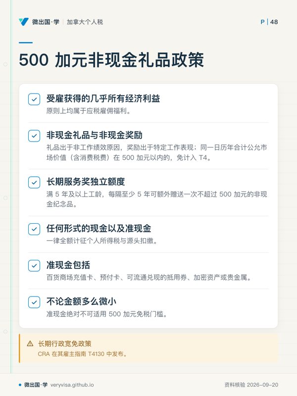 500 加元非现金礼品政策；受雇获得的几乎所有经济利益；非现金礼品与非现金奖励；长期服务奖独立额度；任何形式的现金以及准现金；准现金包括；不论金额多么微小；长期行政宽免政策