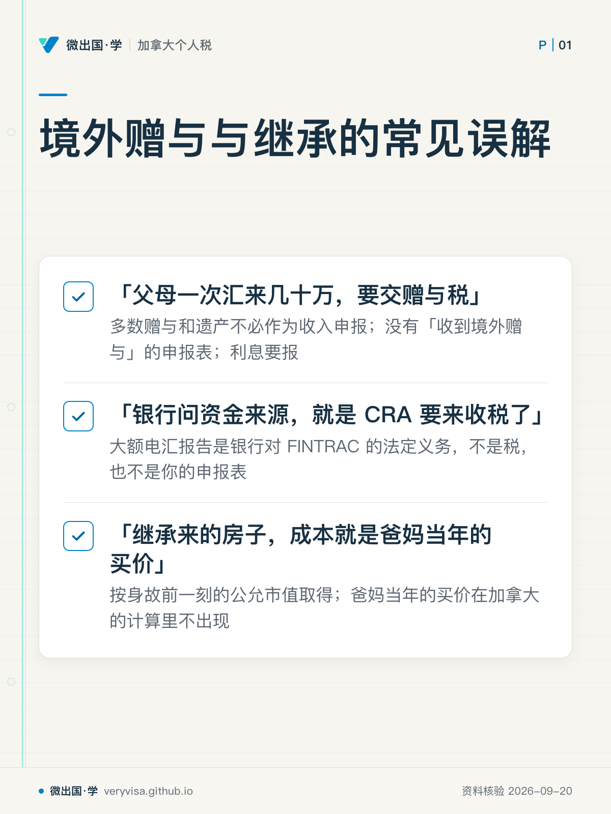 境外赠与与继承的常见误解；「父母一次汇来几十万，要交赠与税」；「银行问资金来源，就是 CRA 要来收税了」；「继承来的房子，成本就是爸妈当年的买价」