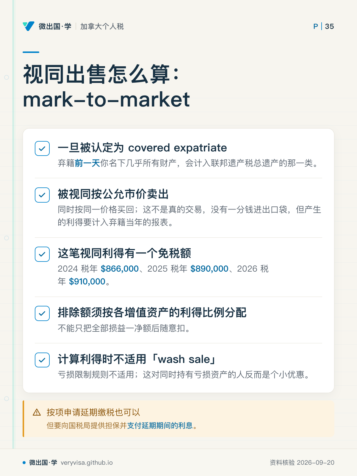 视同出售怎么算：mark-to-market；一旦被认定为 covered expatriate；被视同按公允市价卖出；这笔视同利得有一个免税额；排除额须按各增值资产的利得比例分配；计算利得时不适用「wash sale」；按项申请延期缴税也可以