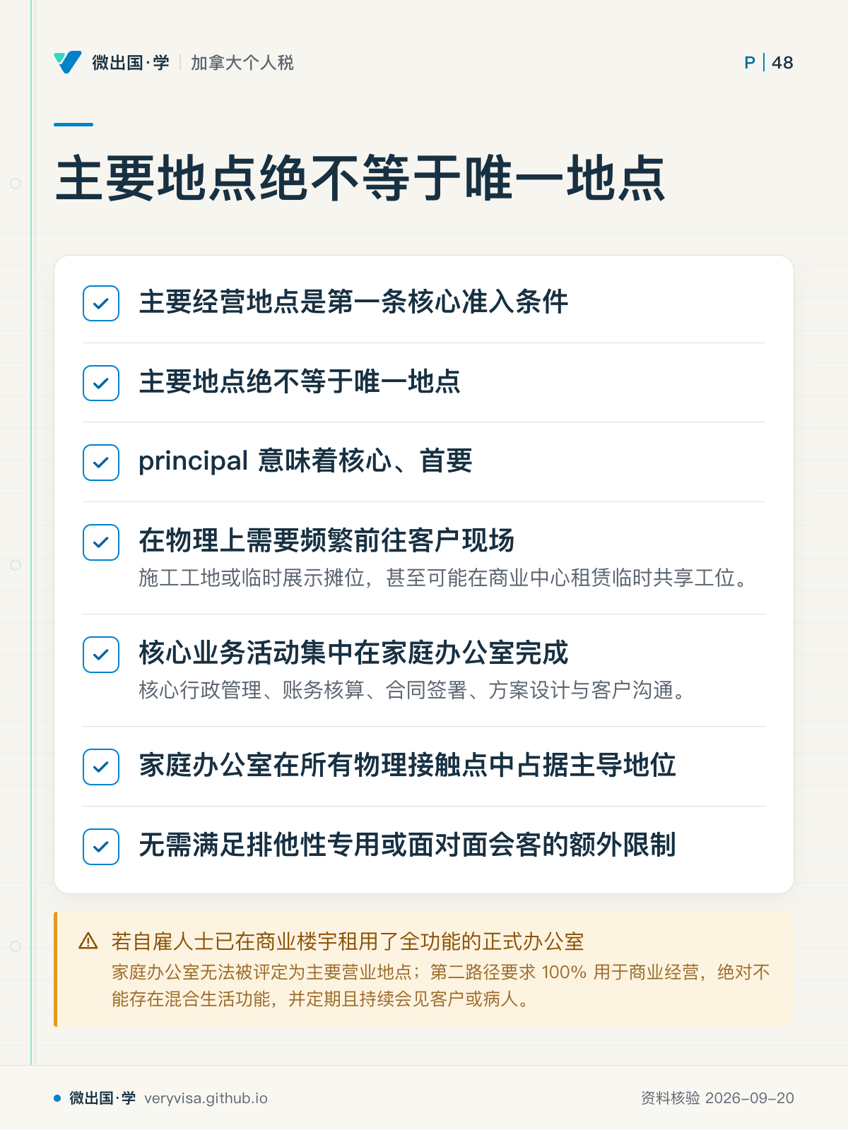 主要地点绝不等于唯一地点;主要经营地点是第一条核心准入条件;主要地点绝不等于唯一地点;principal 意味着核心、首要;在物理上需要频繁前往客户现场;核心业务活动集中在家庭办公室完成;家庭办公室在所有物理接触点中占据主导地位;无需满足排他性专用或面对面会客的额外限制;若自雇人士已在商业楼宇租用了全功能的正式办公室
