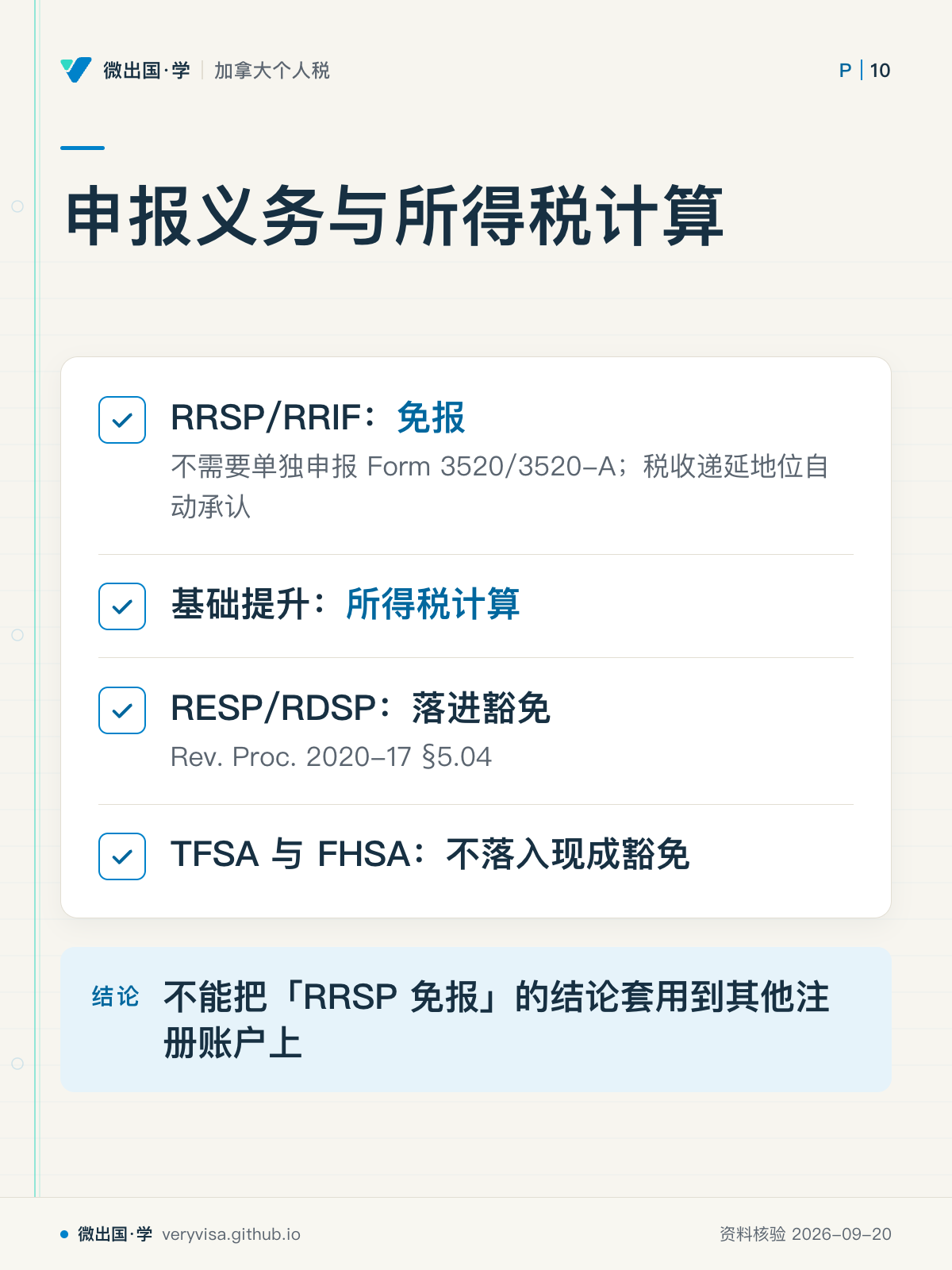 申报义务与所得税计算；RRSP/RRIF：免报；基础提升：所得税计算；RESP/RDSP：落进豁免；TFSA 与 FHSA：不落入现成豁免；不能把「RRSP 免报」的结论套用到其他注册账户上