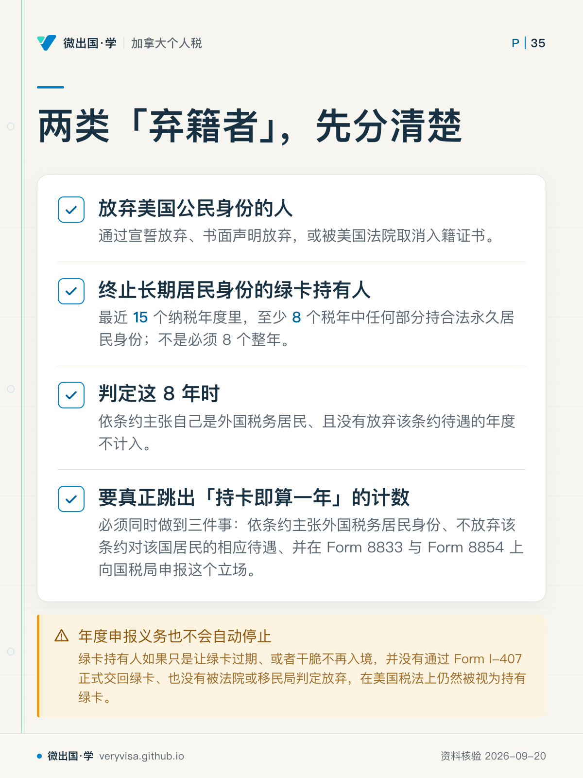 两类「弃籍者」，先分清楚；放弃美国公民身份的人；终止长期居民身份的绿卡持有人；判定这 8 年时；要真正跳出「持卡即算一年」的计数；年度申报义务也不会自动停止