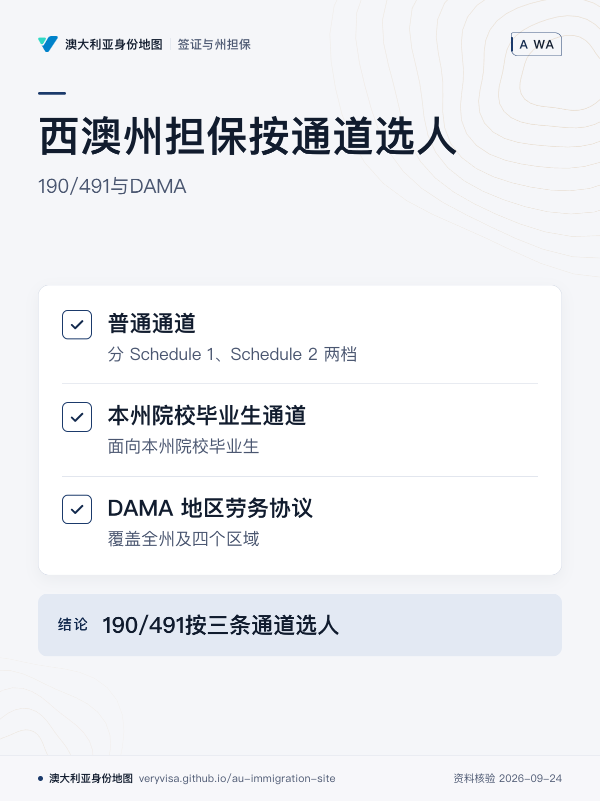 西澳州担保按通道选人；190/491与DAMA；普通通道；本州院校毕业生通道；DAMA 地区劳务协议；190/491按三条通道选人