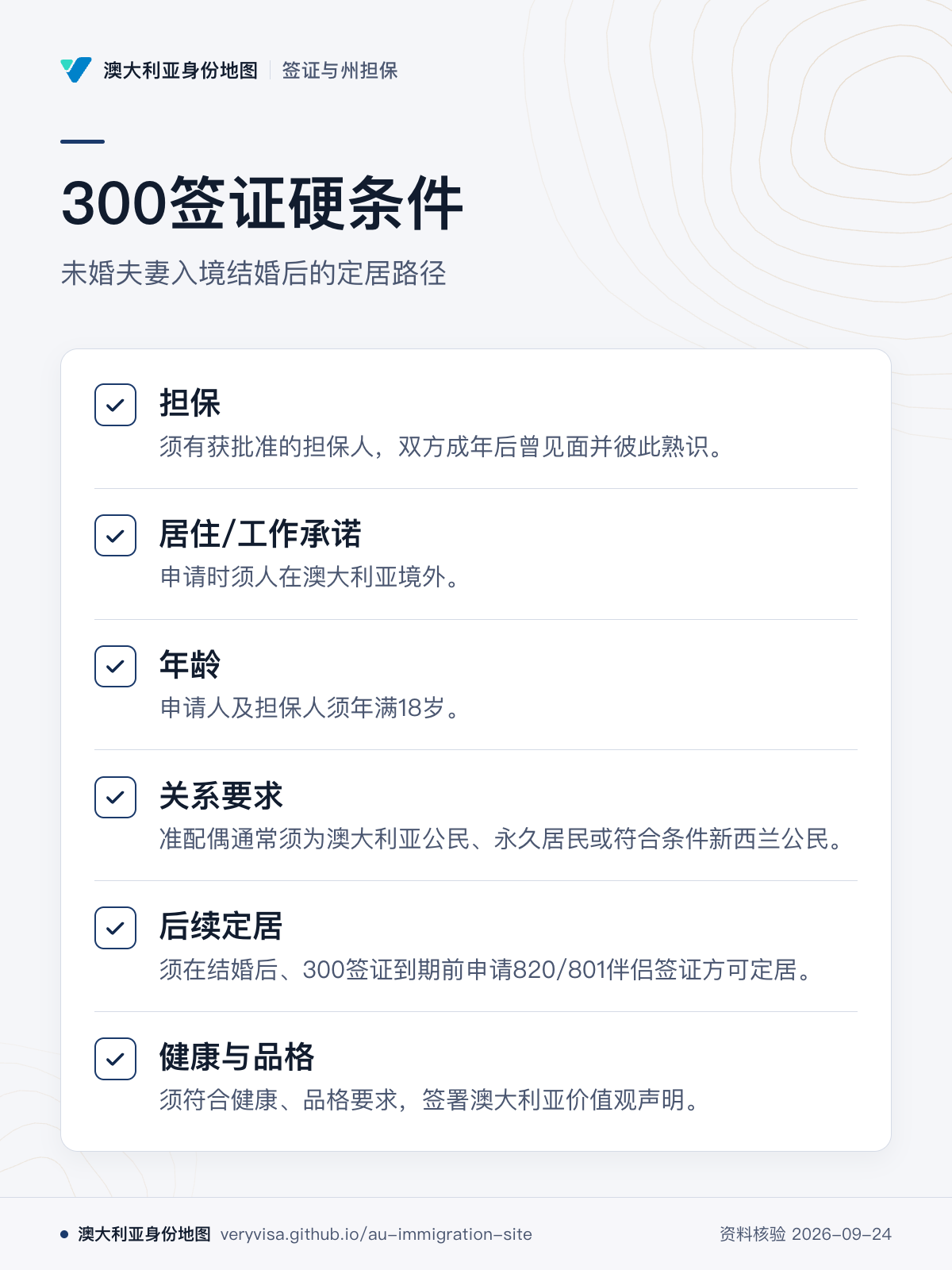 300签证硬条件；未婚夫妻入境结婚后的定居路径；担保；居住/工作承诺；年龄；关系要求；后续定居；健康与品格