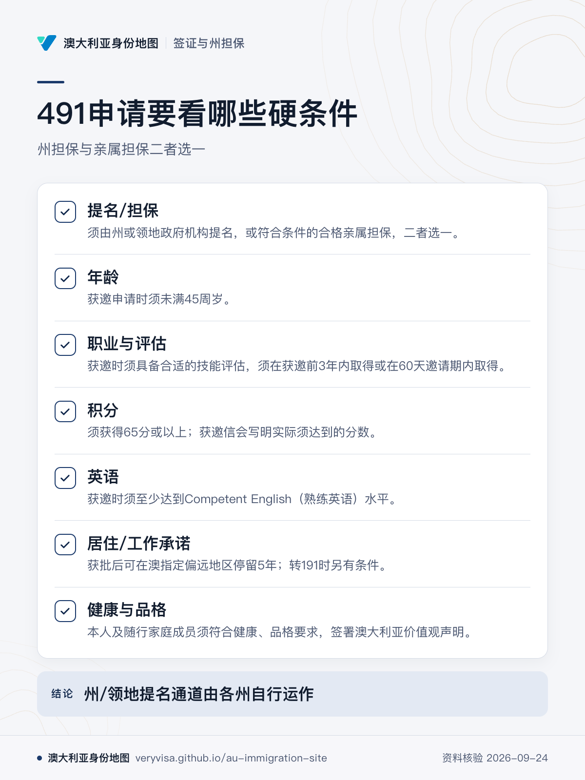 491申请要看哪些硬条件；州担保与亲属担保二者选一；提名/担保；年龄；职业与评估；积分；英语；居住/工作承诺；健康与品格；州/领地提名通道由各州自行运作