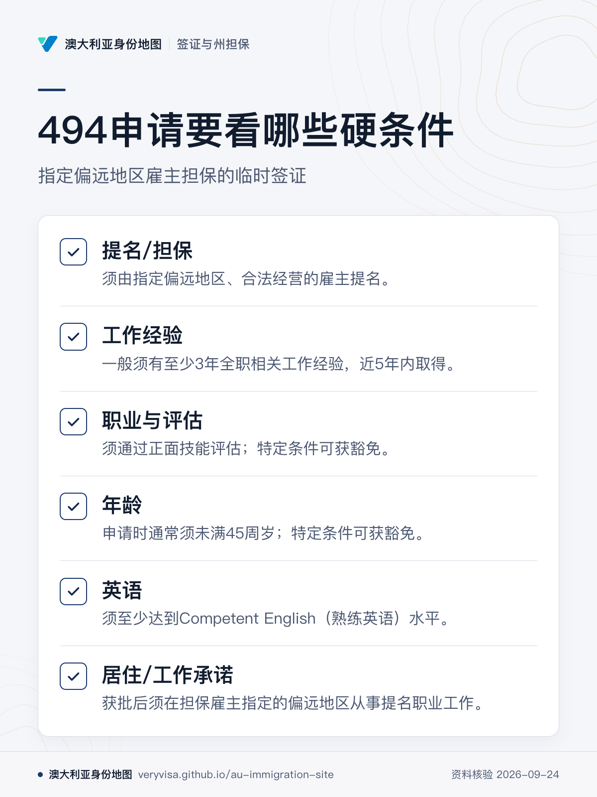 494申请要看哪些硬条件；指定偏远地区雇主担保的临时签证；提名/担保；工作经验；职业与评估；年龄；英语；居住/工作承诺