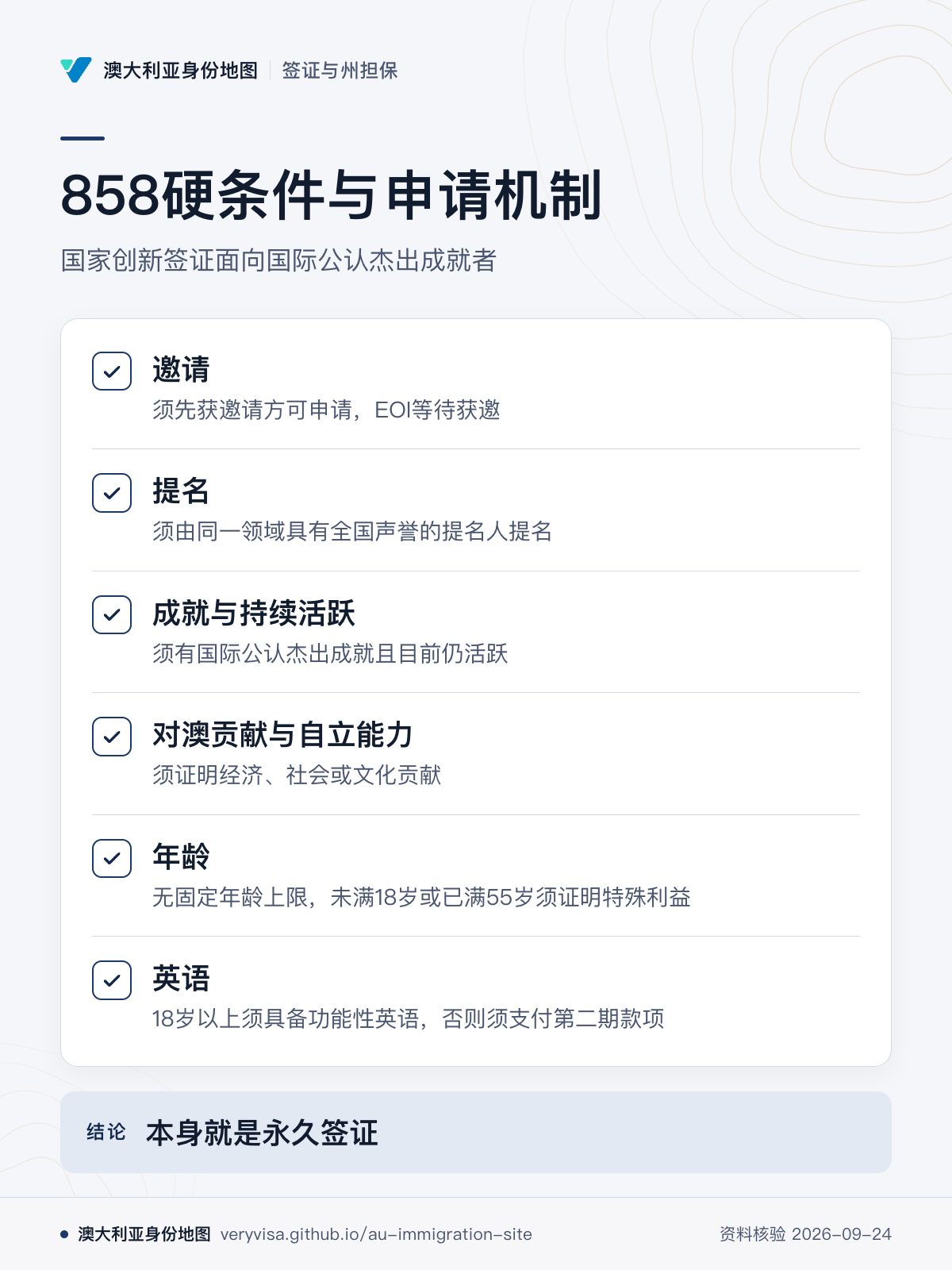 858硬条件与申请机制；国家创新签证面向国际公认杰出成就者；邀请；提名；成就与持续活跃；对澳贡献与自立能力；年龄；英语；本身就是永久签证