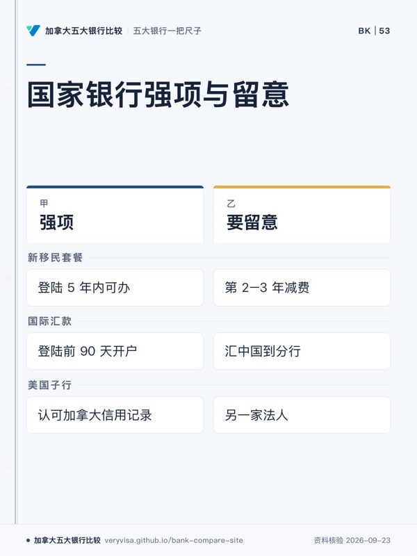 国家银行强项与留意；强项；要留意；新移民套餐；国际汇款；美国子行