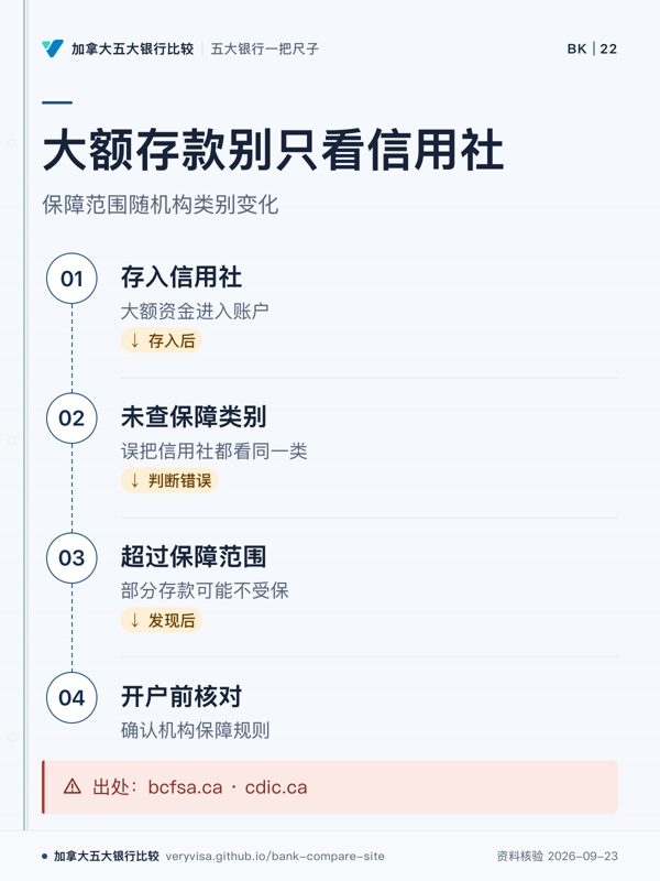 大额存款别只看信用社;保障范围随机构类别变化;存入信用社;未查保障类别;超过保障范围;开户前核对;出处:bcfsa.ca · cdic.ca