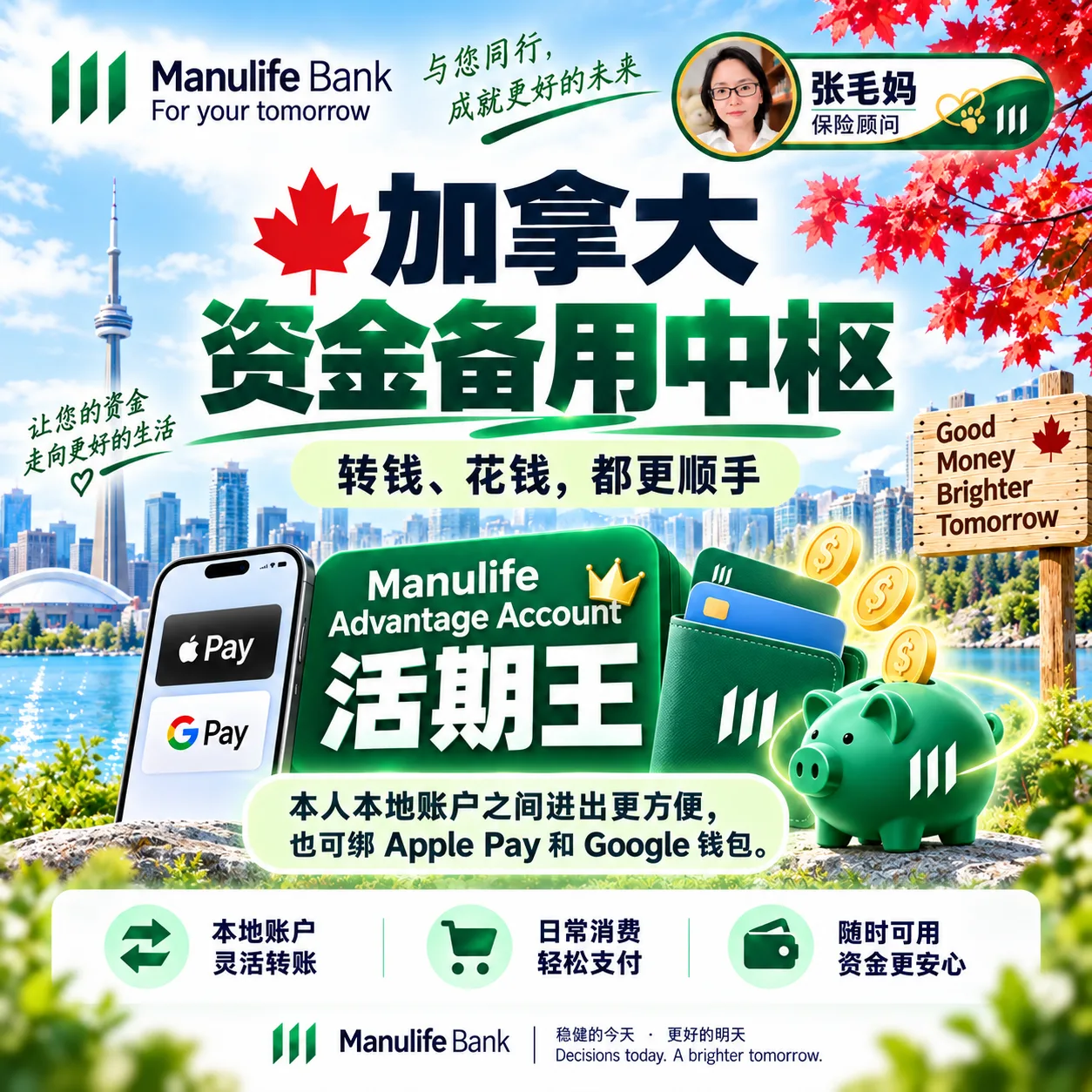 张毛妈签名图:加拿大资金备用中枢,转钱、花钱都更顺手;手机显示 Apple Pay 与 Google Pay,说明本人本地账户之间进出更方便,也可绑 Apple Pay 和 Google 钱包。