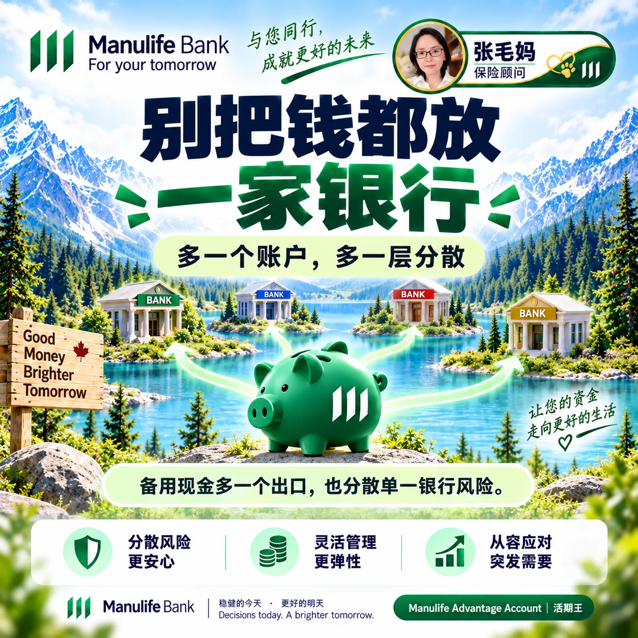 张毛妈签名图:别把钱都放一家银行,多一个账户,多一层分散;小猪存钱罐向四家银行分流,说明备用现金多一个出口,也分散单一银行风险。
