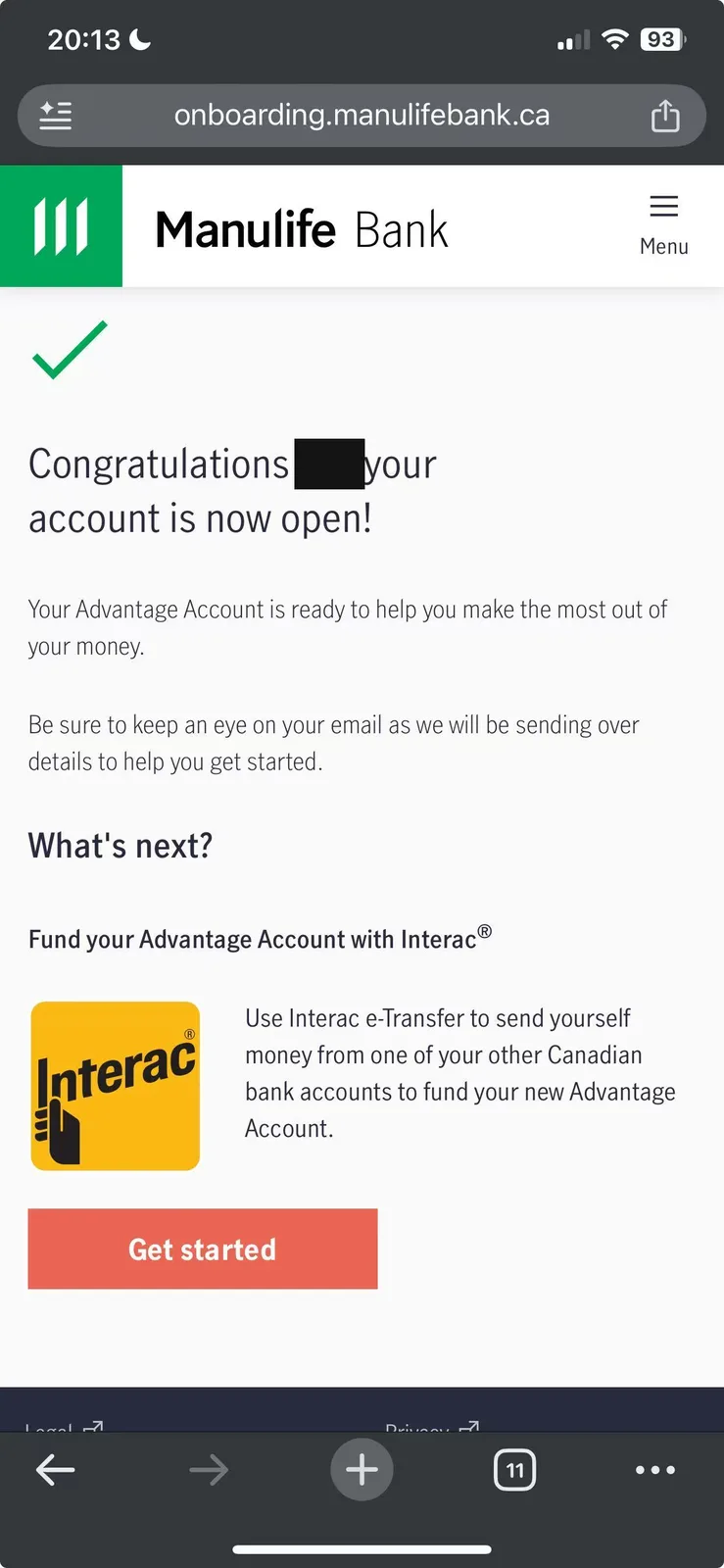 开户成功页 ＋ Interac 入金提示