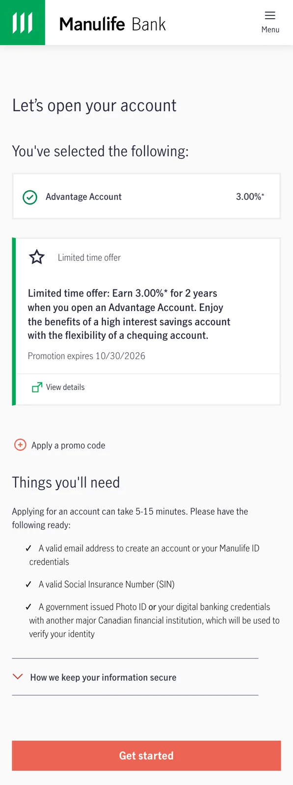 宏利银行官方开户申请首页（手机画面）：已选 Advantage Account 并显示限时优惠，下方 Things you'll need 列出邮箱或 Manulife ID、SIN、政府照片证件或另一家大型金融机构网银三项，底部是 Get started 按钮。