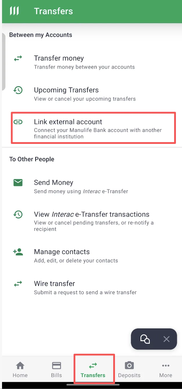 Transfers → Link external account