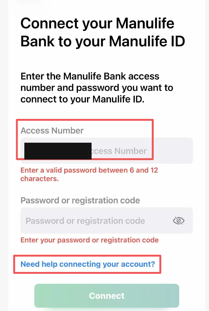 把 Manulife Bank 连到 Manulife ID:需要 access number