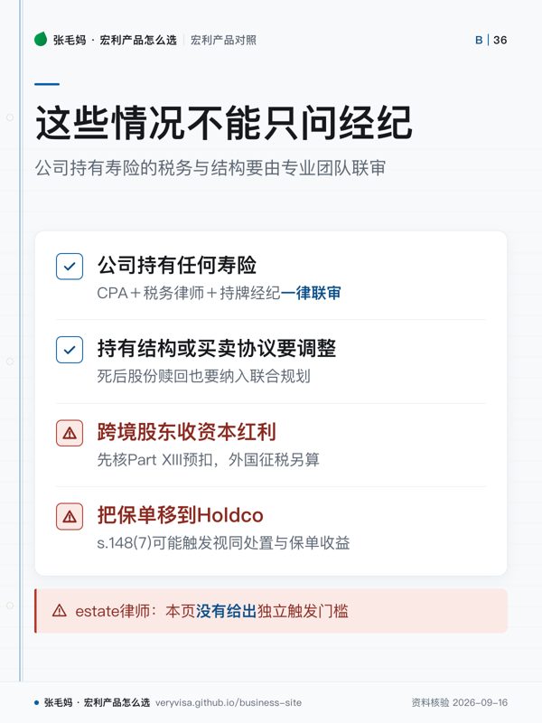 这些情况不能只问经纪；公司持有寿险的税务与结构要由专业团队联审；公司持有任何寿险；持有结构或买卖协议要调整；跨境股东收资本红利；把保单移到Holdco；estate律师：本页没有给出独立触发门槛