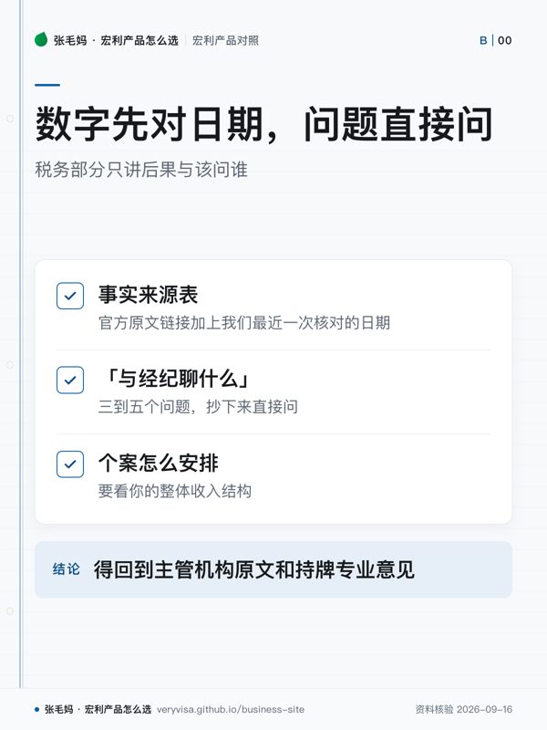 数字先对日期，问题直接问；税务部分只讲后果与该问谁；事实来源表；「与经纪聊什么」；个案怎么安排；得回到主管机构原文和持牌专业意见