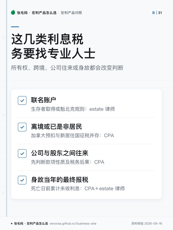 这几类利息税务要找专业人士；所有权、跨境、公司往来或身故都会改变判断；联名账户；离境或已是非居民；公司与股东之间往来；身故当年的最终报税