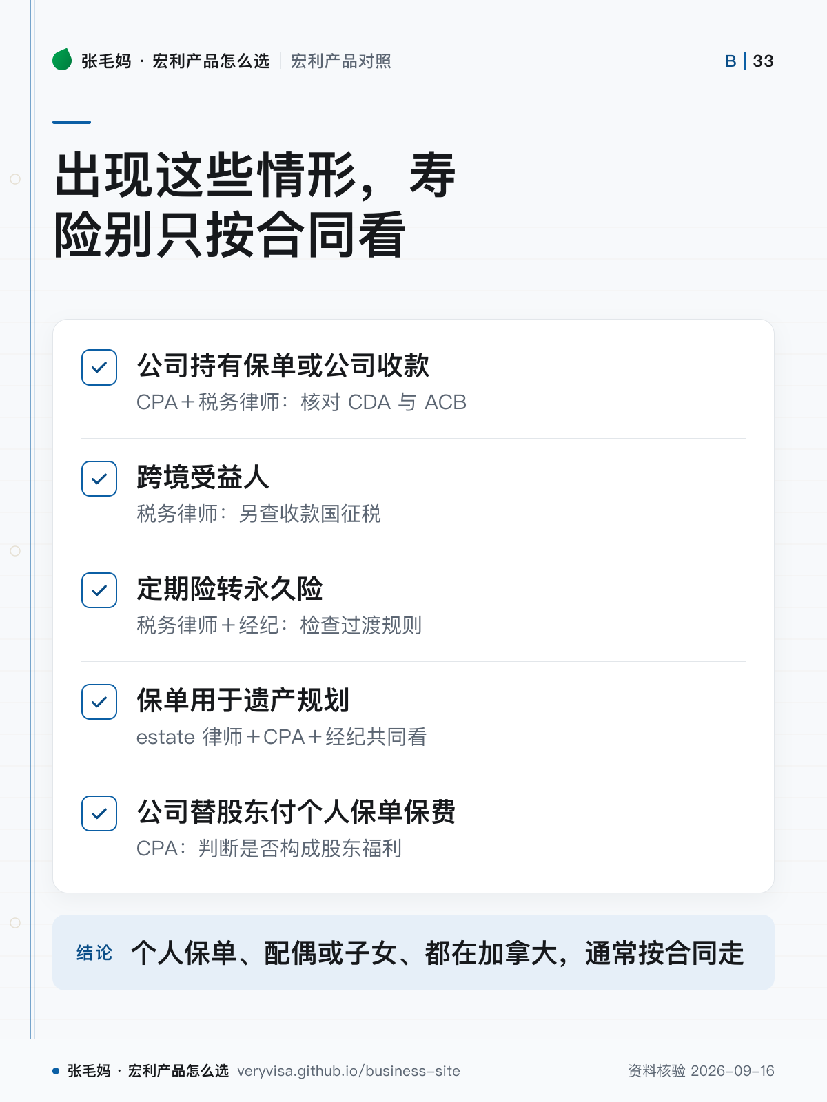 出现这些情形,寿险别只按合同看;公司持有保单或公司收款;跨境受益人;定期险转永久险;保单用于遗产规划;公司替股东付个人保单保费;个人保单、配偶或子女、都在加拿大,通常按合同走