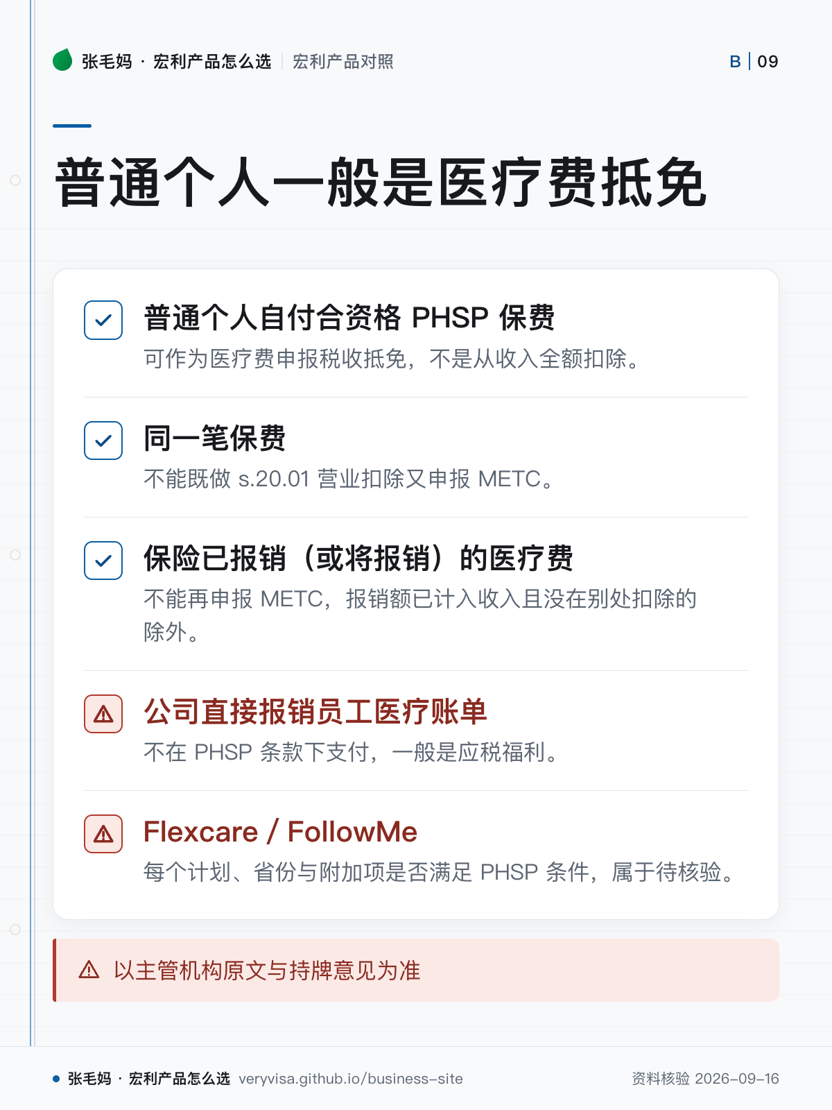 普通个人一般是医疗费抵免;普通个人自付合资格 PHSP 保费;同一笔保费;保险已报销(或将报销)的医疗费;公司直接报销员工医疗账单;Flexcare/FollowMe;以主管机构原文与持牌意见为准