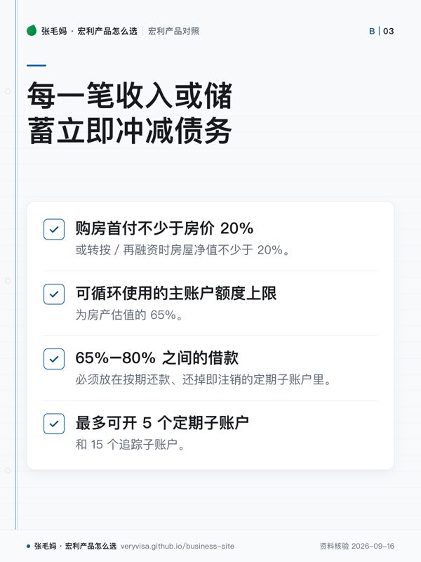 每一笔收入或储蓄立即冲减债务；购房首付不少于房价 20%；可循环使用的主账户额度上限；65%–80% 之间的借款；最多可开 5 个定期子账户