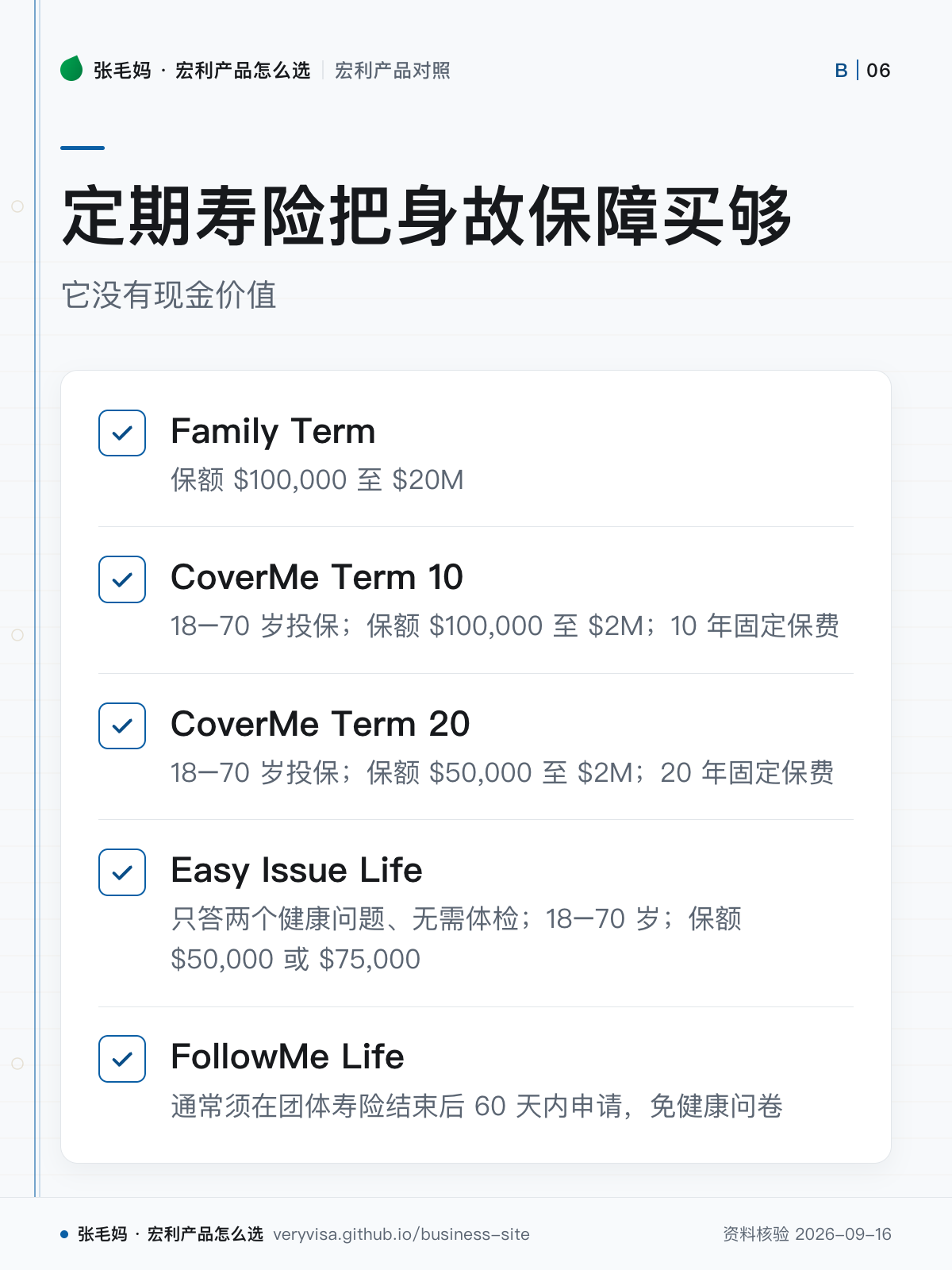 定期寿险把身故保障买够;它没有现金价值;Family Term;CoverMe Term 10;CoverMe Term 20;Easy Issue Life;FollowMe Life
