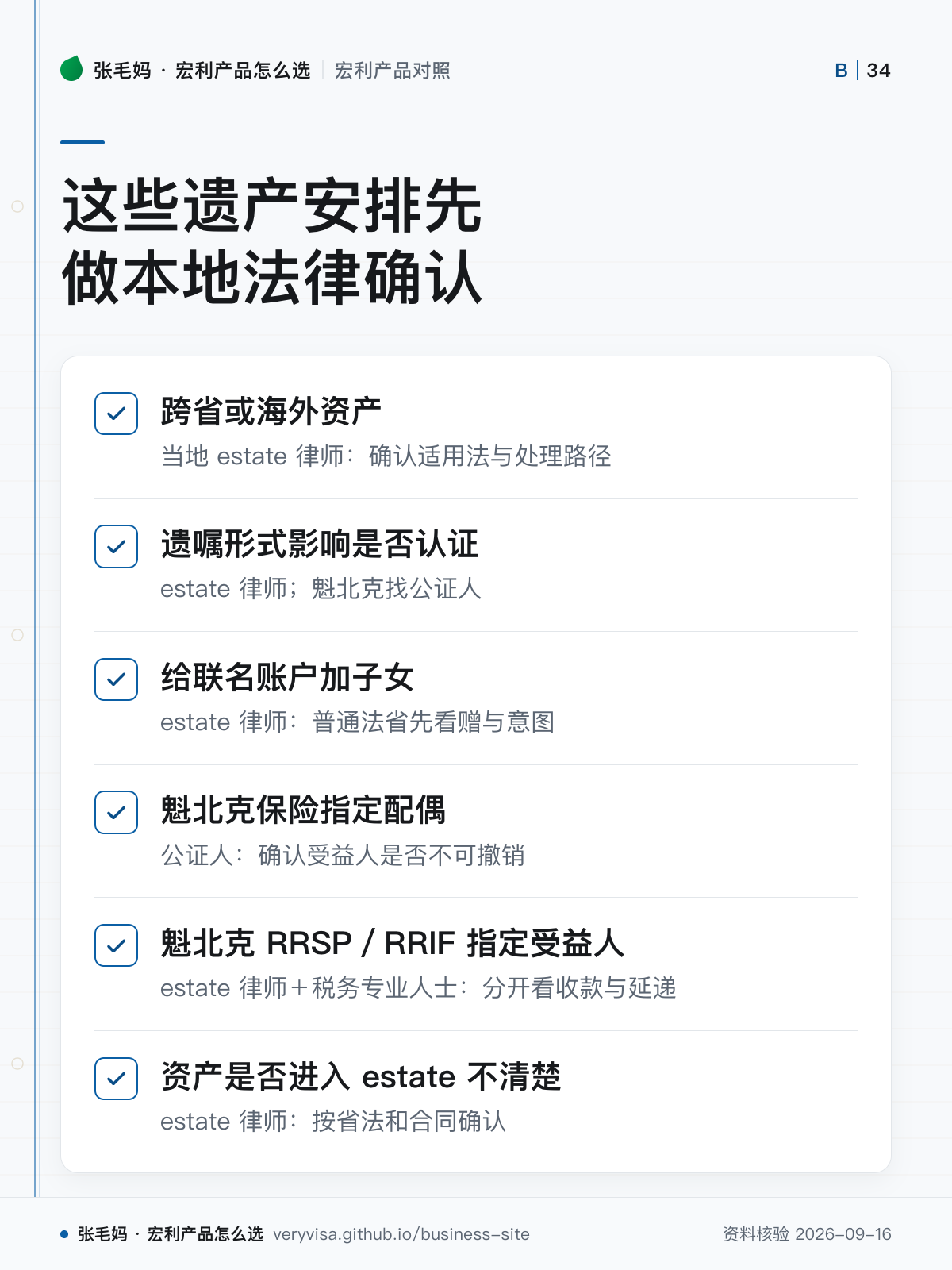 这些遗产安排先做本地法律确认;跨省或海外资产;遗嘱形式影响是否认证;给联名账户加子女;魁北克保险指定配偶;魁北克 RRSP/RRIF 指定受益人;资产是否进入 estate 不清楚