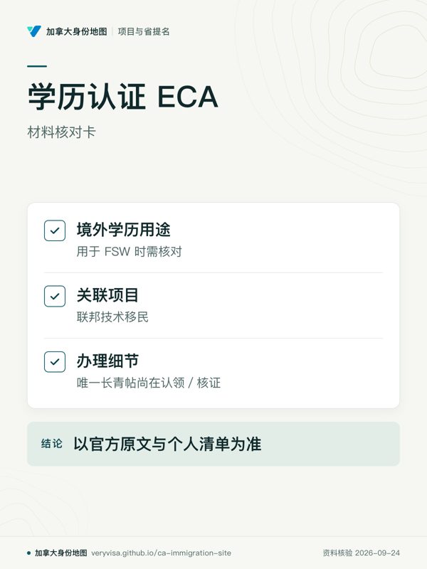 学历认证 ECA；材料核对卡；境外学历用途；关联项目；办理细节；以官方原文与个人清单为准