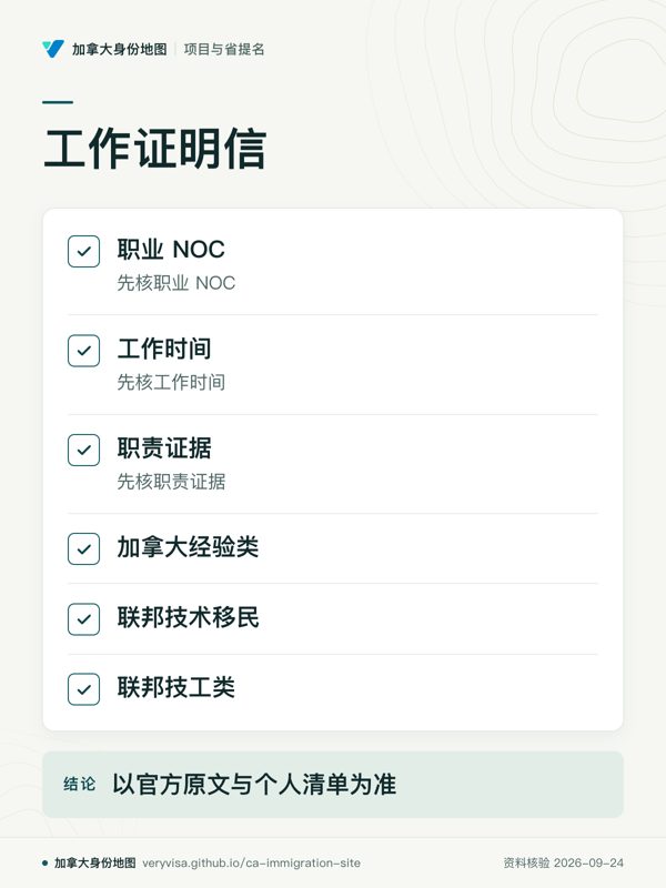 工作证明信；职业 NOC；工作时间；职责证据；加拿大经验类；联邦技术移民；联邦技工类；以官方原文与个人清单为准